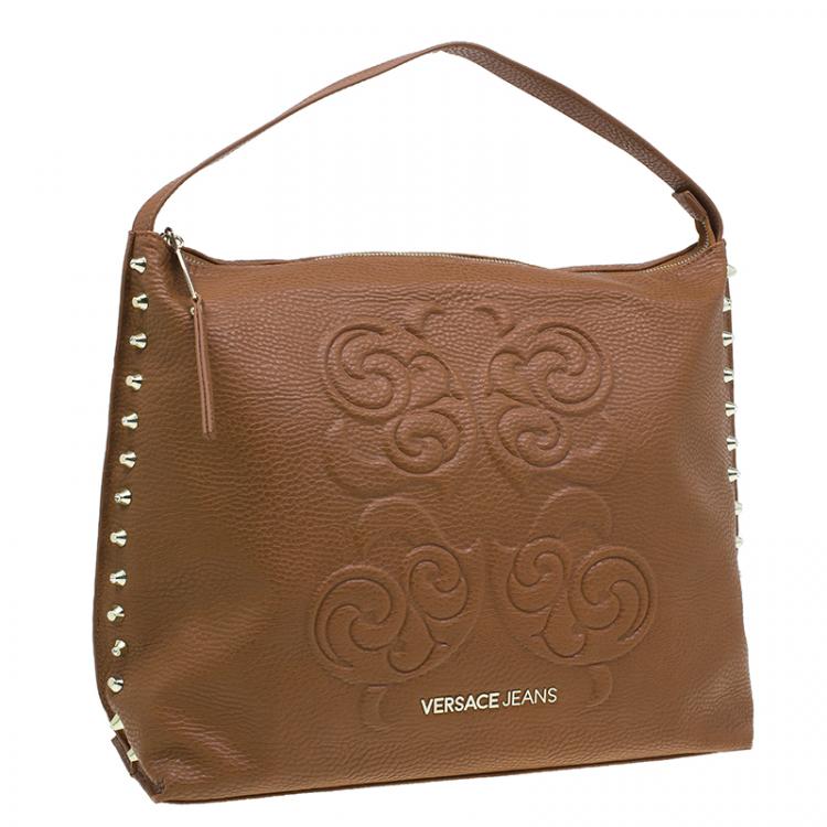 مملوكة مسبقًا Versace Jeans Brown Pebbled Leather Crystal Studs Hobo