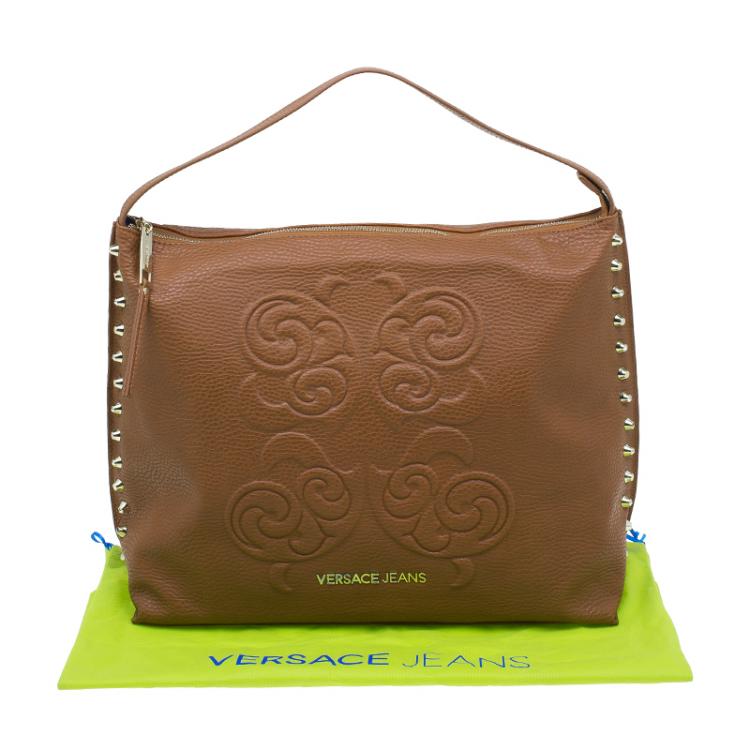 مملوكة مسبقًا Versace Jeans Brown Pebbled Leather Crystal Studs Hobo