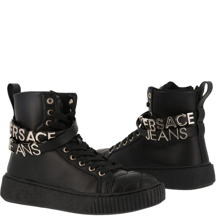 مملوكة مسبقًا Versace Jeans Black Leather High Top Sneakers Size 40