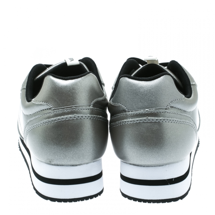 Pre Owned Versace Jeans Silver Faux Leather Lace Up Sneakers Size 40