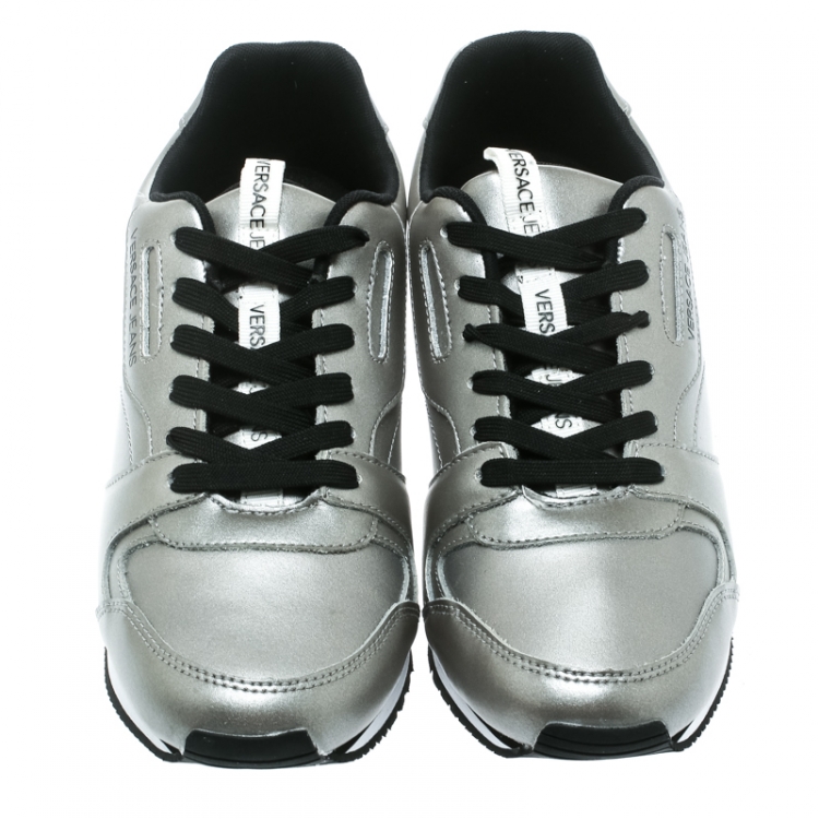 Pre Owned Versace Jeans Silver Faux Leather Lace Up Sneakers Size 40