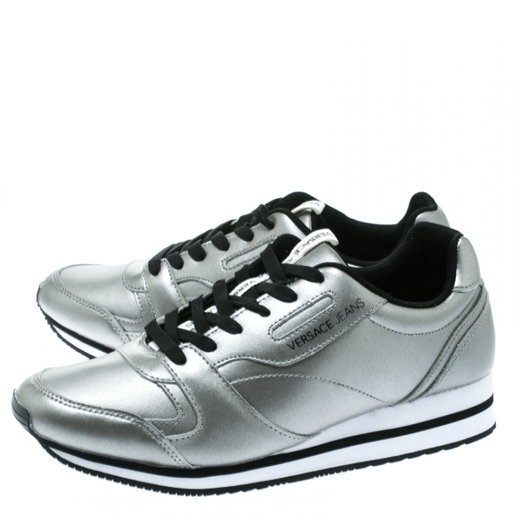 Pre Owned Versace Jeans Silver Faux Leather Lace Up Sneakers Size 40