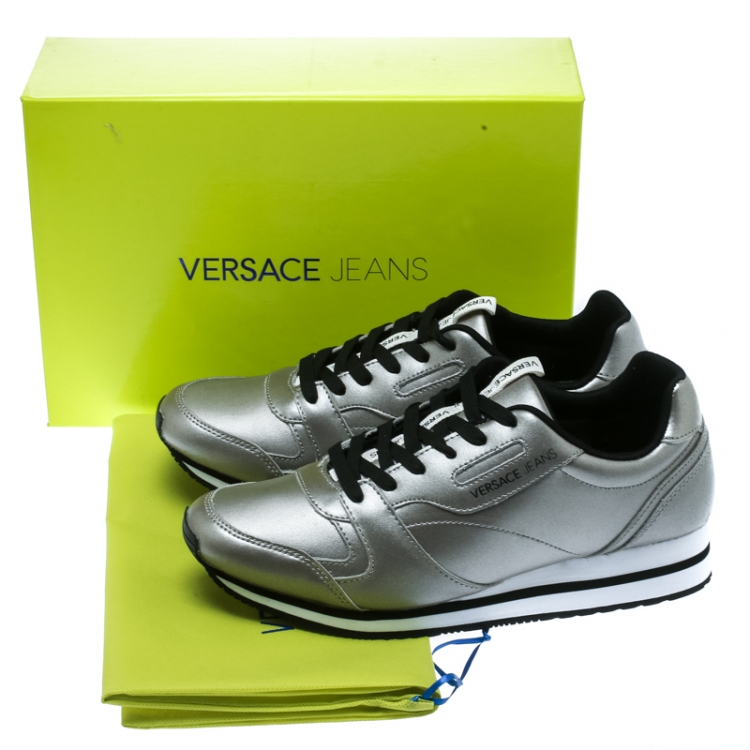 Pre Owned Versace Jeans Silver Faux Leather Lace Up Sneakers Size 40