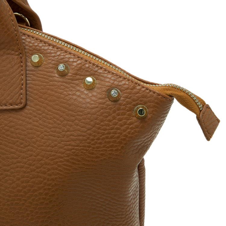 Pre Owned Versace Jeans Brown Pebbled Leather Crystal Studs Shopping Tote