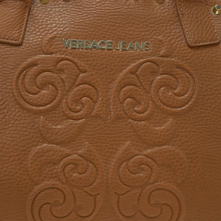 Pre Owned Versace Jeans Brown Pebbled Leather Crystal Studs Shopping Tote