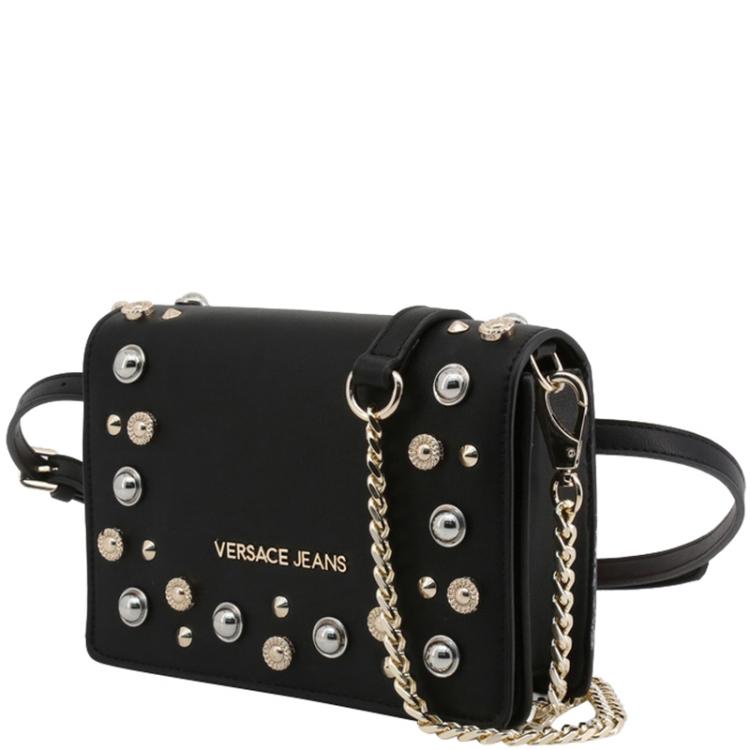 مملوكة مسبقًا Versace Jeans Black Faux Leather Embellished Crossbody Bag