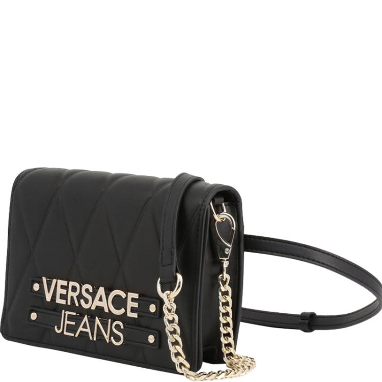 Versace Jeans Black Quilted Faux Leather Crossbody Bag
