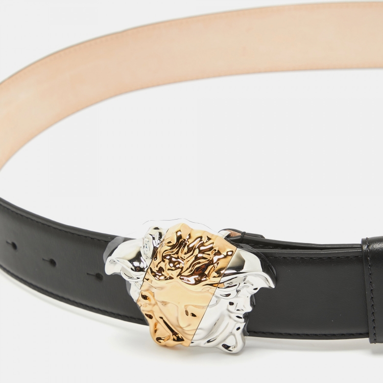 Pre Owned Versace Black Leather La Medusa Buckle Belt 90CM