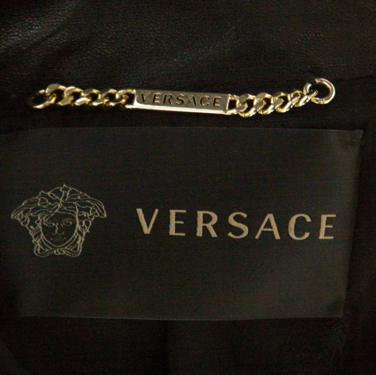 Pre Owned Versace Black Embossed Detail Leather Jacket M