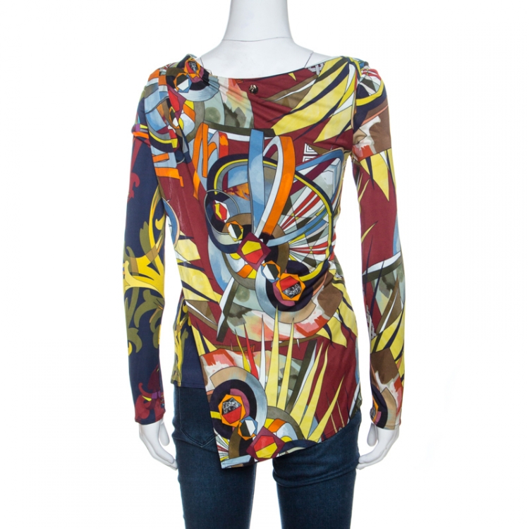 Pre Owned Versace Collection Multicolor Print Jersey Faux Wrap Top S