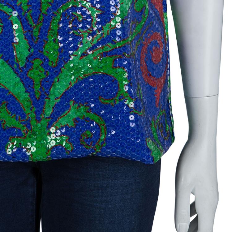 Pre Owned Versace Multicolor Sequin Embellished Short Sleeve Top M