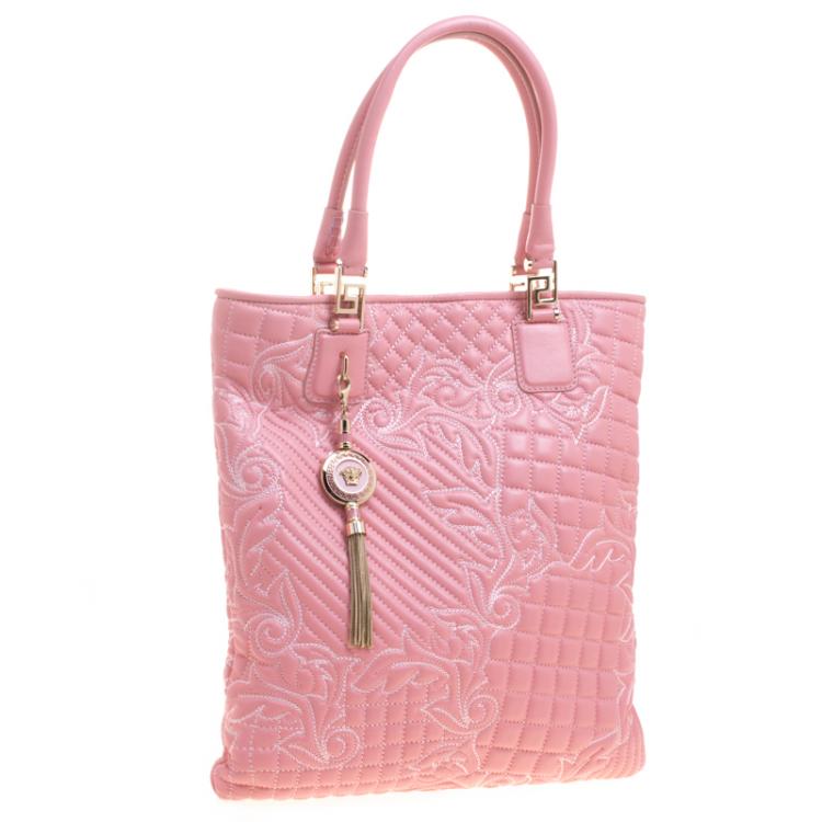 Pre Owned Versace Pink Leather Embroidered Elettra Vanitas Tote