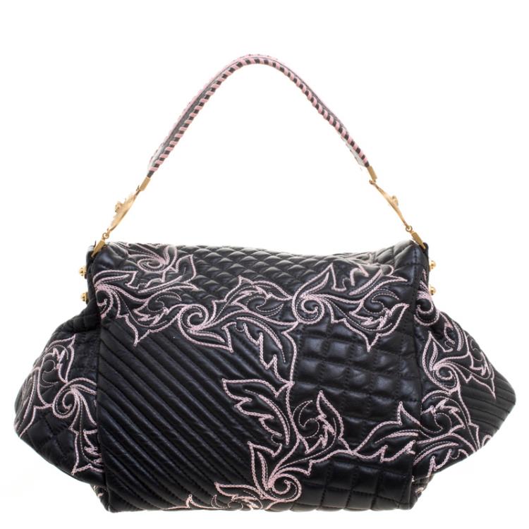 Pre Owned Versace Black/Pink Quilted Barocco Leather Top Handle Bag