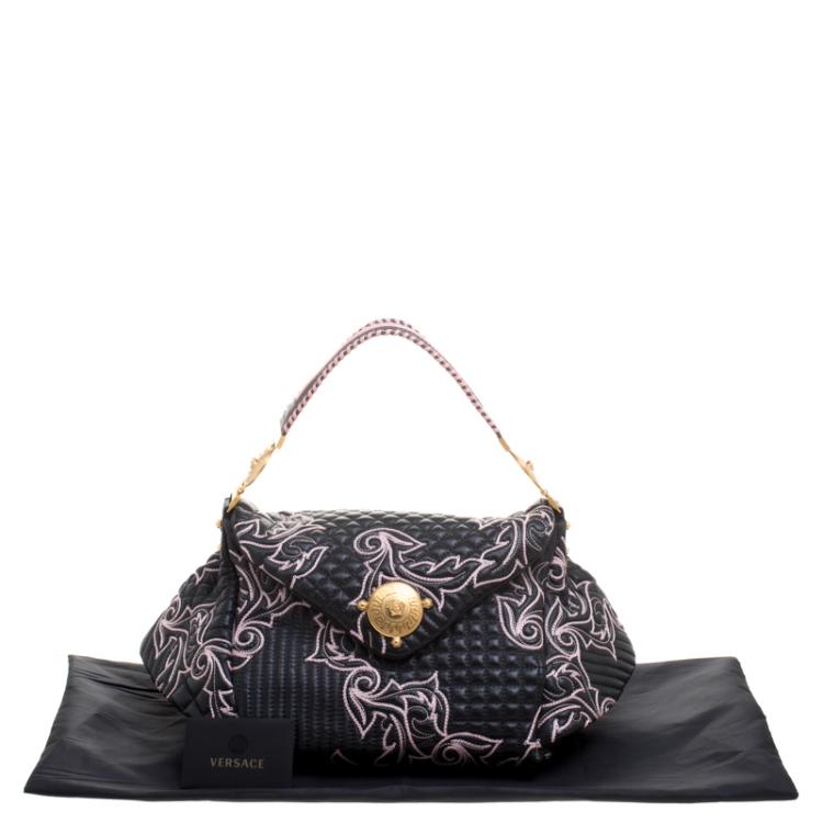 Pre Owned Versace Black/Pink Quilted Barocco Leather Top Handle Bag