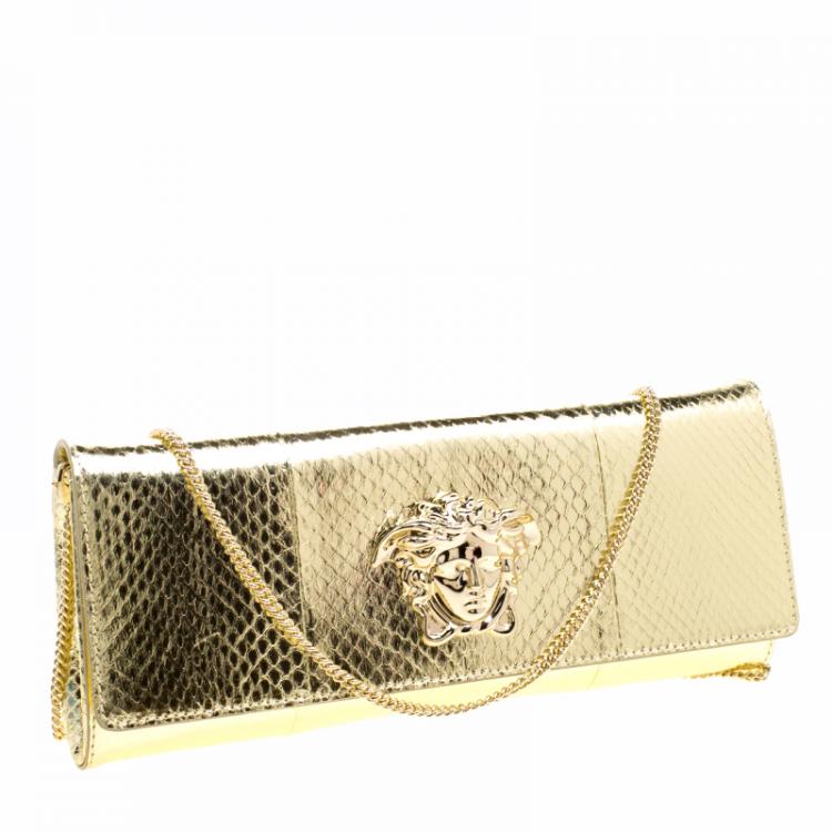 Pre Owned Versace Gold Snake Embossed Leather Chain Clutch