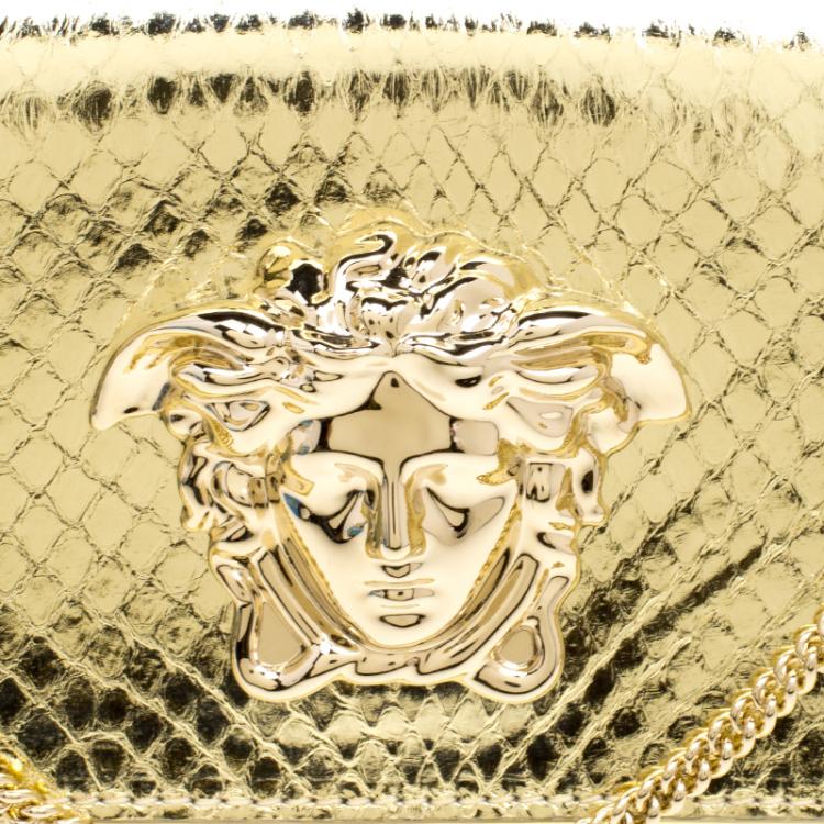 Pre Owned Versace Gold Snake Embossed Leather Chain Clutch
