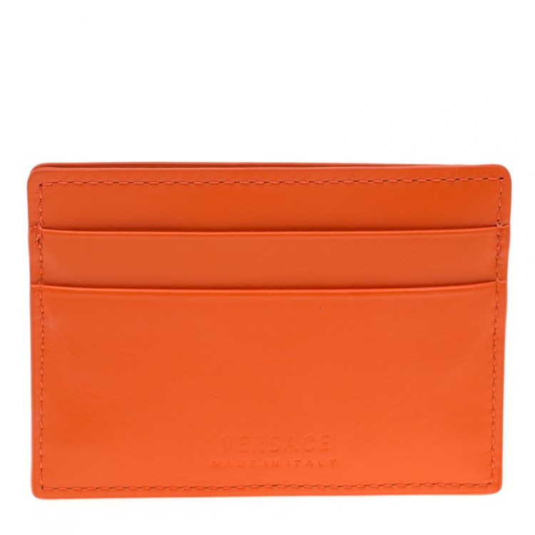 Pre Owned Versace Orange Leather Card Case