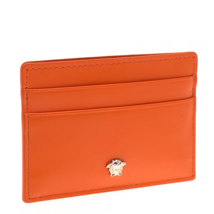 Pre Owned Versace Orange Leather Card Case
