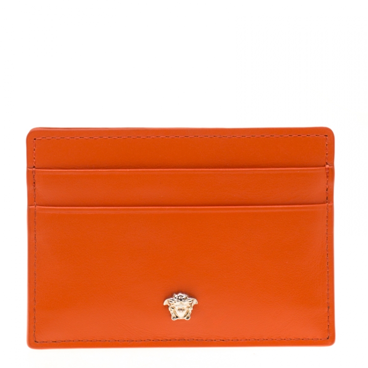 Pre Owned Versace Orange Leather Card Case