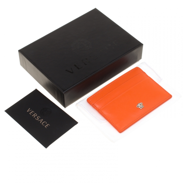Pre Owned Versace Orange Leather Card Case