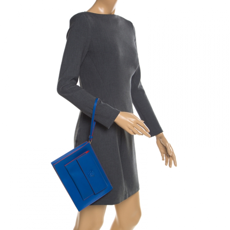 Pre Owned Versace Blue Leather Wristlet Clutch