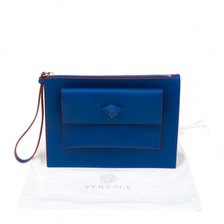 Pre Owned Versace Blue Leather Wristlet Clutch
