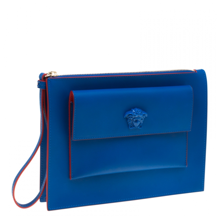 Pre Owned Versace Blue Leather Wristlet Clutch