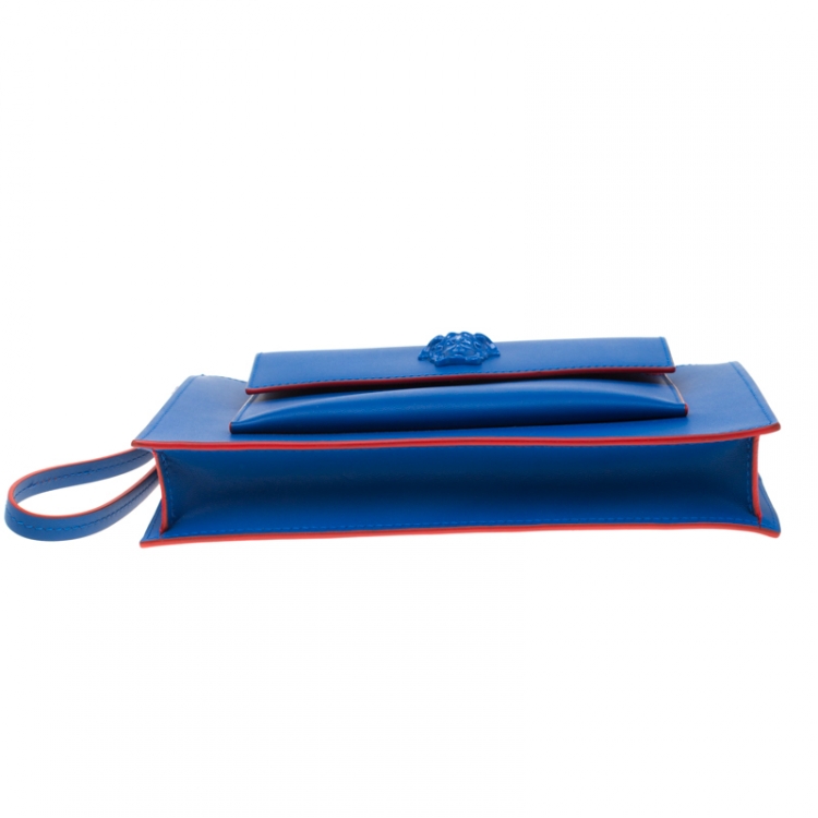 Pre Owned Versace Blue Leather Wristlet Clutch