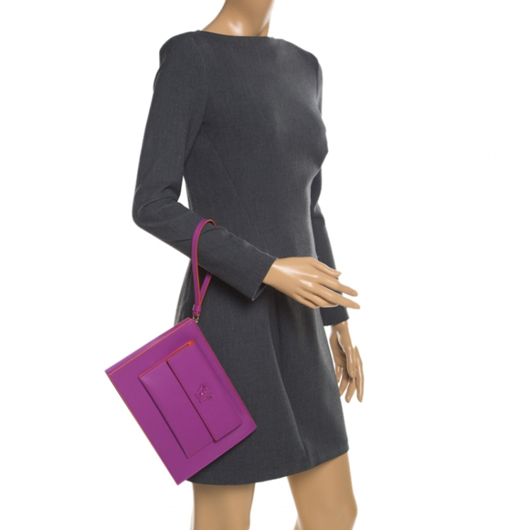 Pre Owned Versace Purple Leather Wristlet Clutch