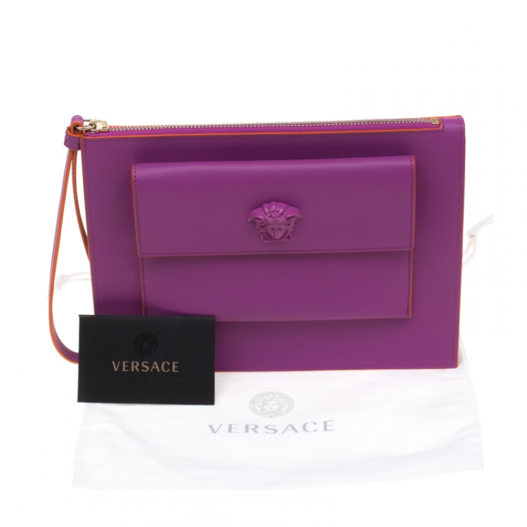Pre Owned Versace Purple Leather Wristlet Clutch