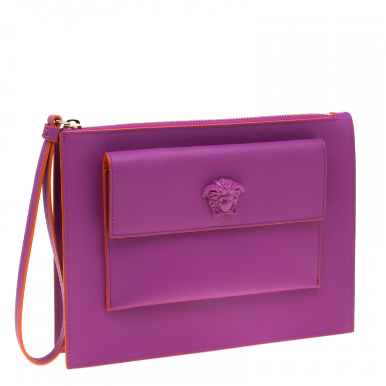 Pre Owned Versace Purple Leather Wristlet Clutch
