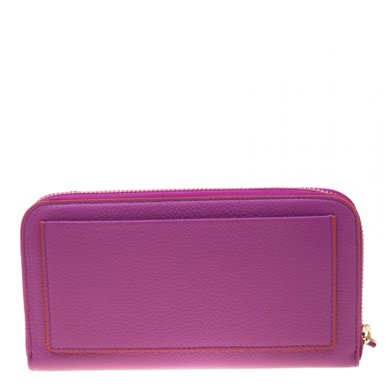 Pre Owned Versace Magenta Leather Zip Around Continental Wallet