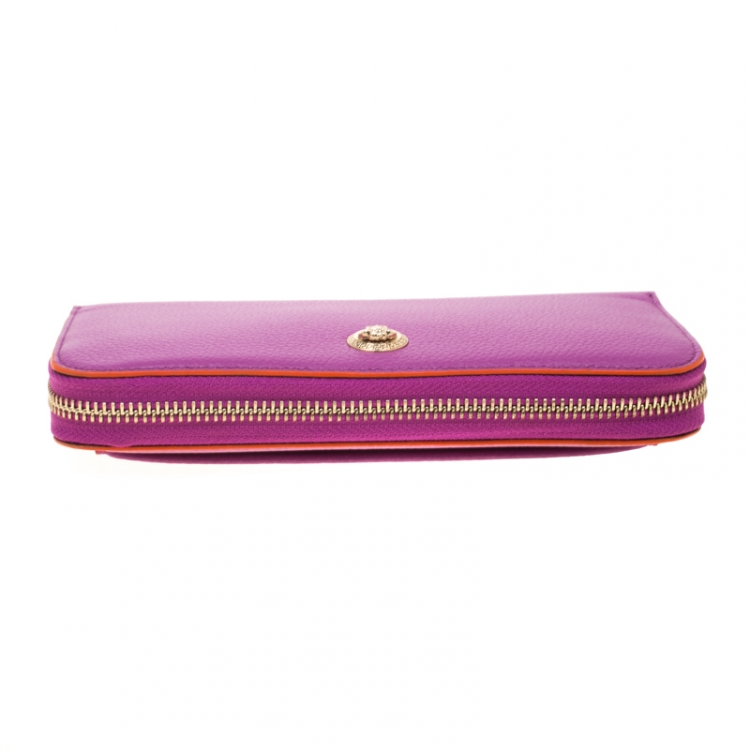 Pre Owned Versace Magenta Leather Zip Around Continental Wallet