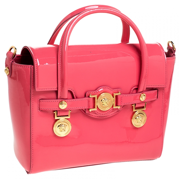 Pre Owned Versace Neon Pink Patent Leather Medusa Medallion Tote