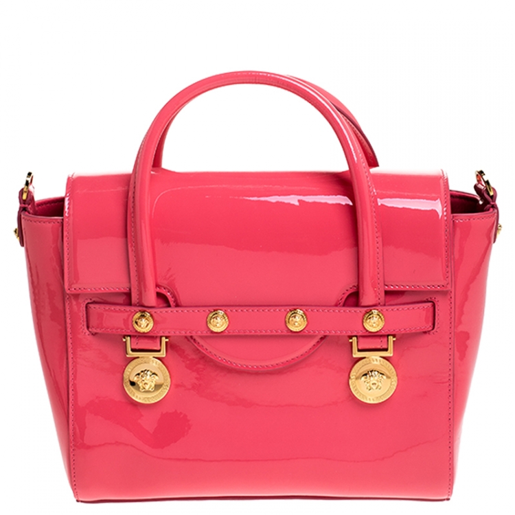 Pre Owned Versace Neon Pink Patent Leather Medusa Medallion Tote