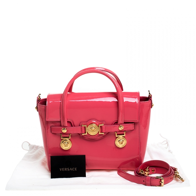 Pre Owned Versace Neon Pink Patent Leather Medusa Medallion Tote