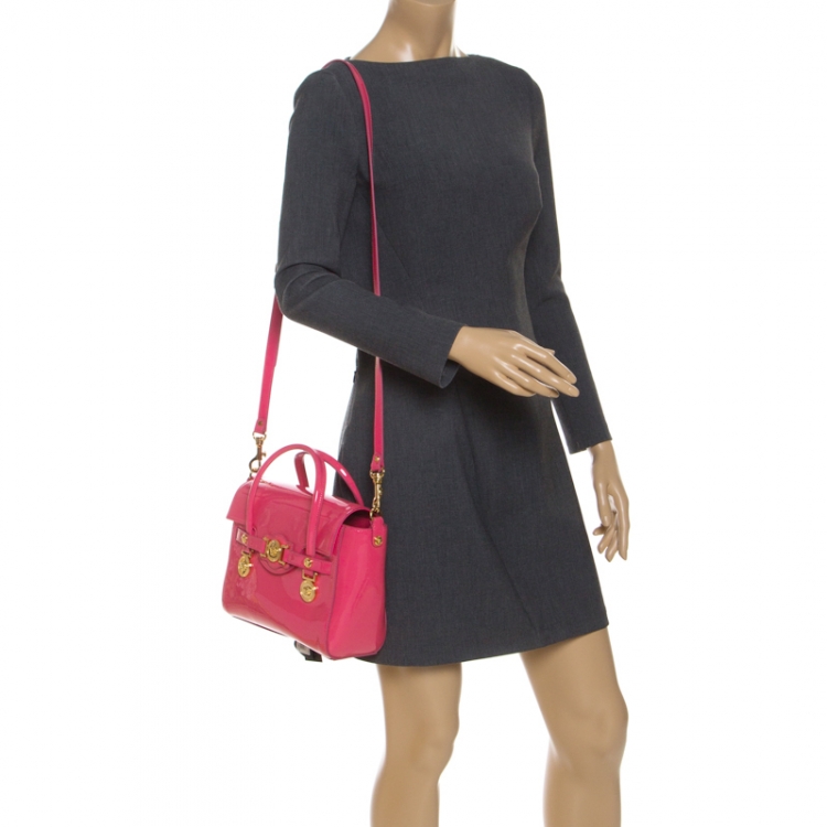Pre Owned Versace Neon Pink Patent Leather Medusa Medallion Tote