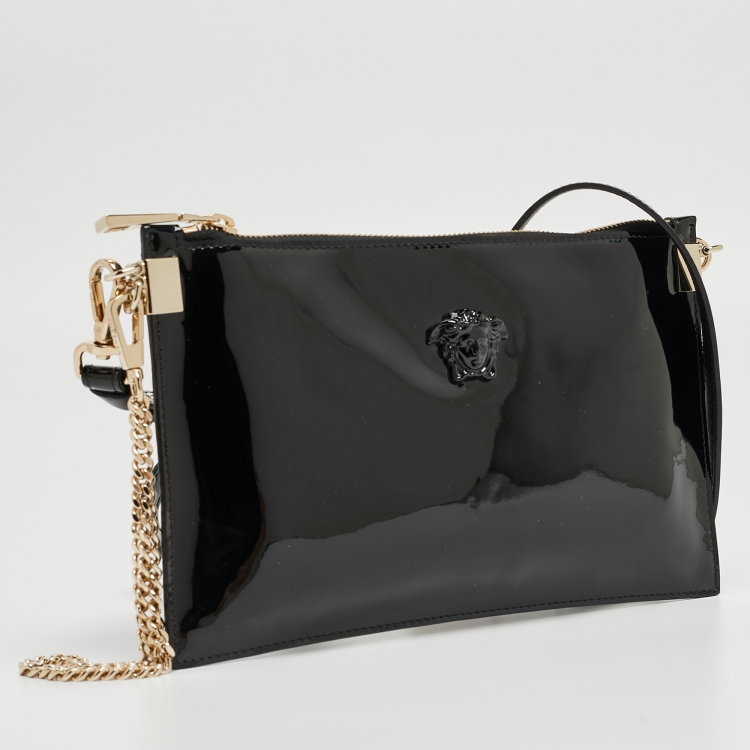 Pre Owned Versace Black Patent Leather Medusa Zip Crossbody Bag
