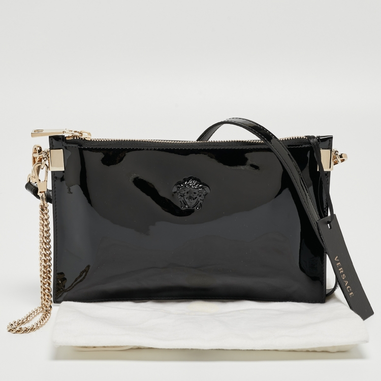 Pre Owned Versace Black Patent Leather Medusa Zip Crossbody Bag