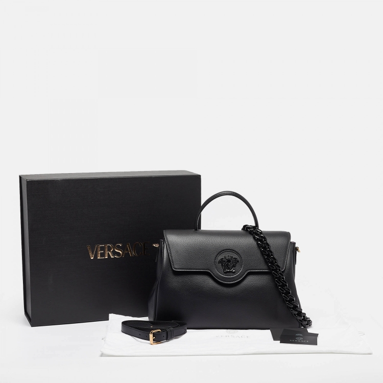 Pre Owned Versace Black Leather Large La Medusa Top Handle Bag