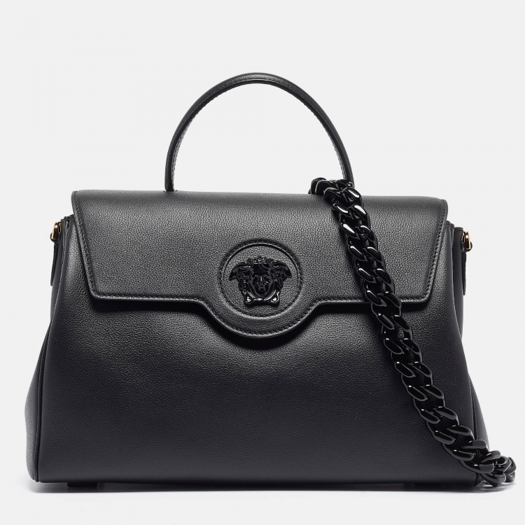 Pre Owned Versace Black Leather Large La Medusa Top Handle Bag