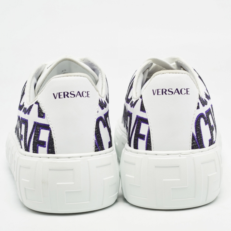 Pre Owned Versace White/Black Leather Logo All Over Contrasting Lace Up Sneakers Size 40