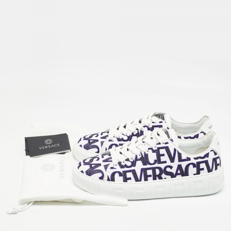 Pre Owned Versace White/Black Leather Logo All Over Contrasting Lace Up Sneakers Size 40