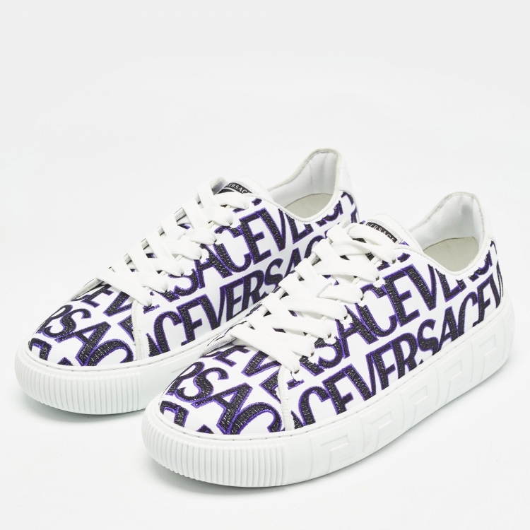 Pre Owned Versace White/Black Leather Logo All Over Contrasting Lace Up Sneakers Size 40