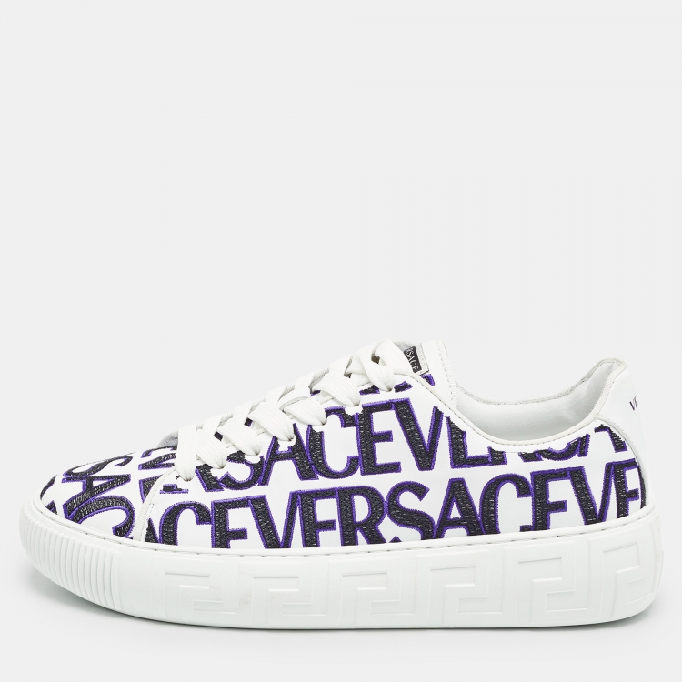 Pre Owned Versace White/Black Leather Logo All Over Contrasting Lace Up Sneakers Size 40