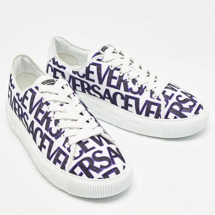 Pre Owned Versace White/Black Leather Logo All Over Contrasting Lace Up Sneakers Size 40