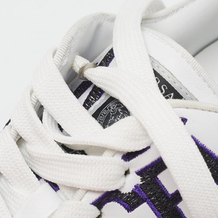 Pre Owned Versace White/Black Leather Logo All Over Contrasting Lace Up Sneakers Size 40