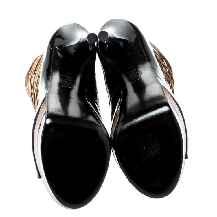 Pre Owned Versace Black/ Metallic Dull Gold Patent Leather Peep Toe Platform Cage Ankle Booties Size 41