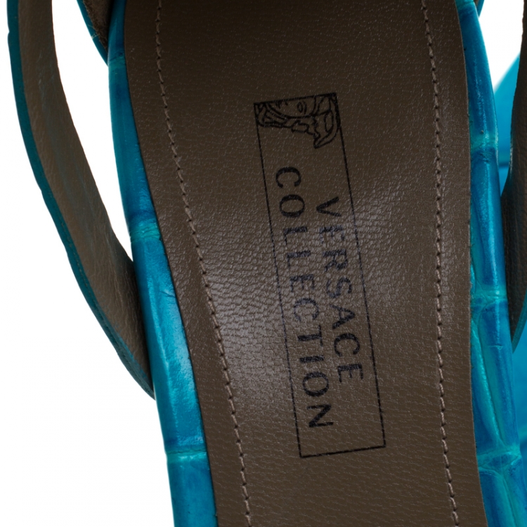 Pre Owned Versace Collection Turquoise Croc Embossed Leather Ankle Strap Wedge Platform Sandals Size 40.5