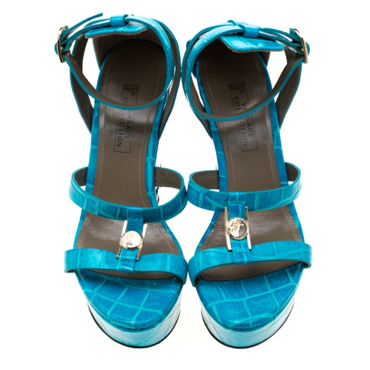 Pre Owned Versace Collection Turquoise Croc Embossed Leather Ankle Strap Wedge Platform Sandals Size 40.5